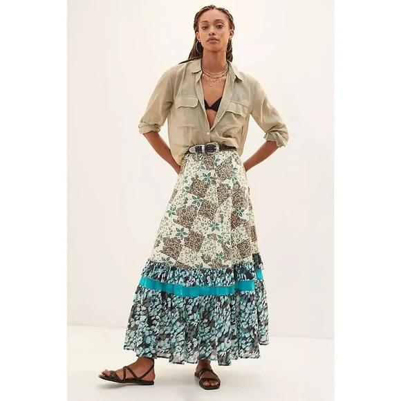 NWT Anthropologie Raga Patchwork Floral Ruffle Lined Maxi Skirt Sz MP #NA413 - Picture 1 of 12